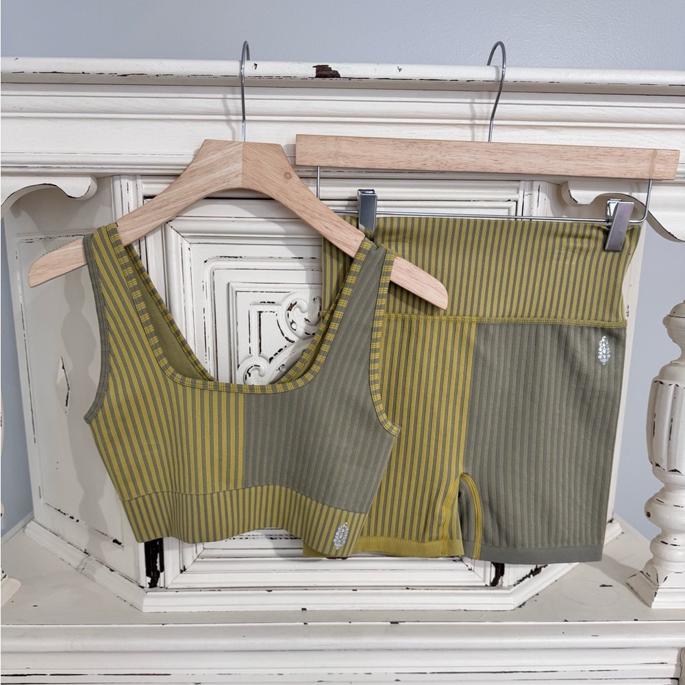 FP Movement by Free People Olive & Mustard Block-Striped Ribbed Sports Bra